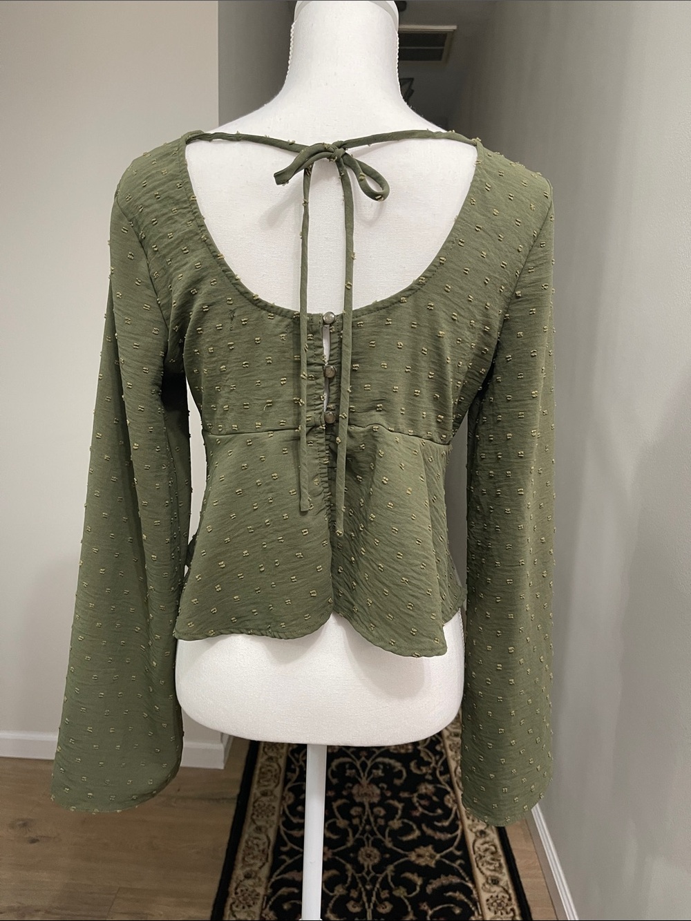 Altar’d State Swiss Dot Tie Front CropTop Bell Sleeve olive green Y2K babydoll M - Picture 4 of 16